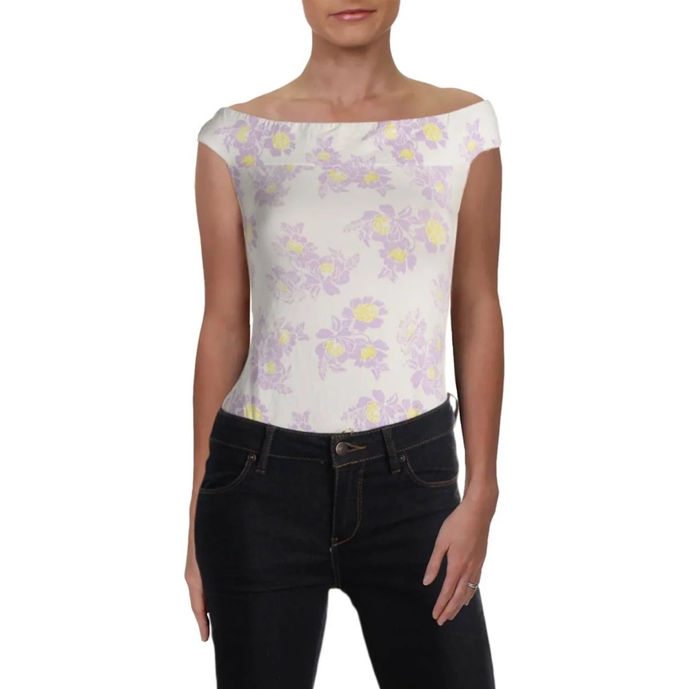 Free People White Floral Off the Shoulder Cap Sleeve Fitted Bodysuit